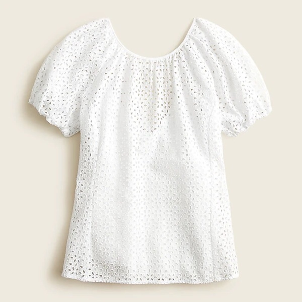 J CREW V BACK PUFF SLEEVE EYELET TOP WHITE NWT SZ 8